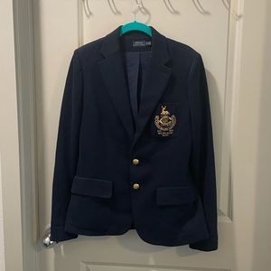 Navy blue Polo blazer with gold buttons.